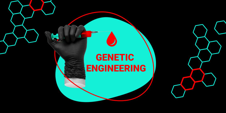 Genetic engineering concept. Hand in black glove with syringe, drawn drop and inscription genetic engineering on black background. Minimalist art collage - Powered by Adobe