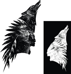 native american tribal chief wearing feathered headdress and howling wolf head - black and white vector shaman textured silhouette portrait