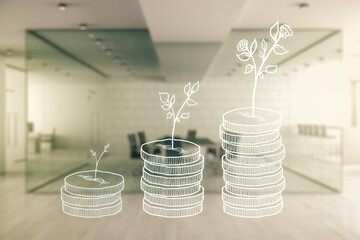 Virtual money savings sketch on a modern furnished office interior background, accumulation and...