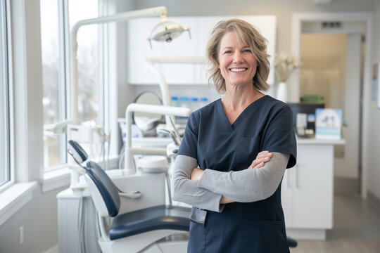 Portrait of dentist woman smiling while standing in dental clinic. Dentistry, occupation concept