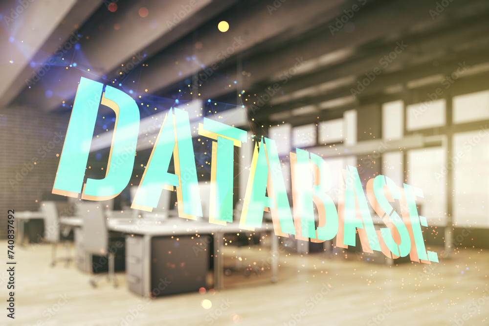 Poster double exposure of creative database word hologram on modern corporate office background, research a