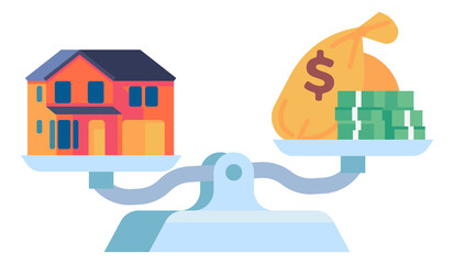 Apartment evaluation. Property and money on scales. Buying or selling house