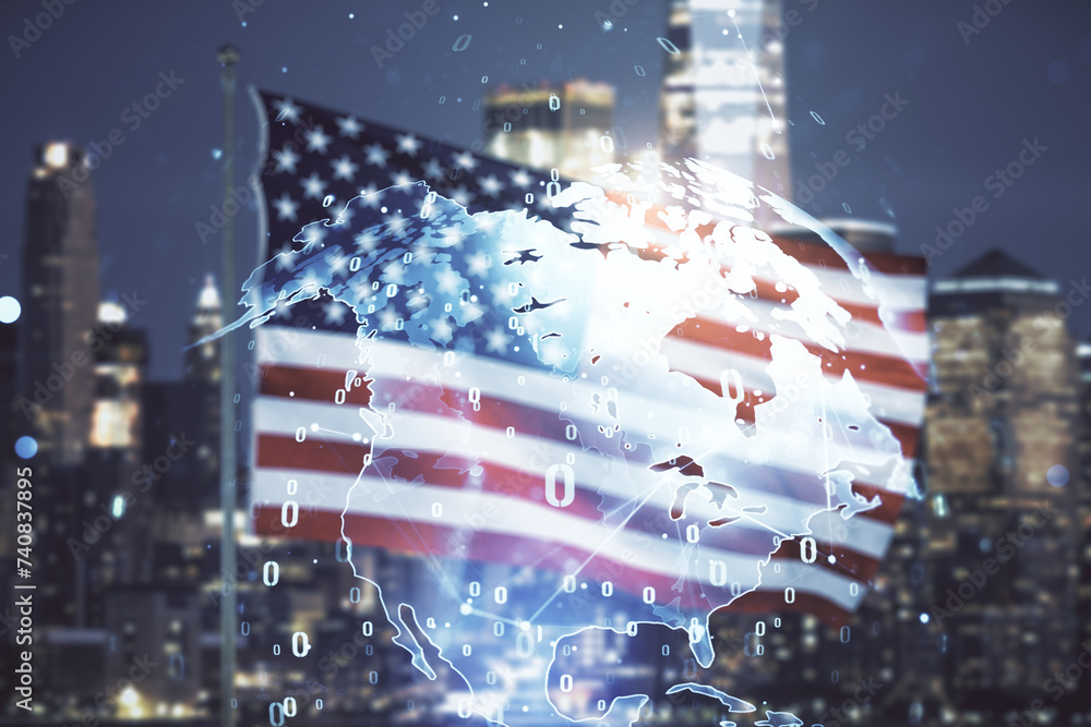 Poster multi exposure of abstract graphic coding sketch and world map on us flag and skyline background, bi