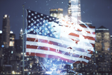 Multi exposure of abstract graphic coding sketch and world map on US flag and skyline background, big data and networking concept