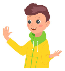 Friendly boy waving hand. Smiling kid gesture