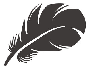 Curved fluffy feather. Bird quill black silhouette