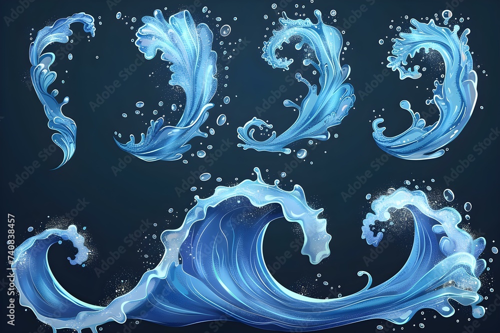 Poster dynamic water wave splash with drops swirls and bubbles in realistic vector. concept water wave spla
