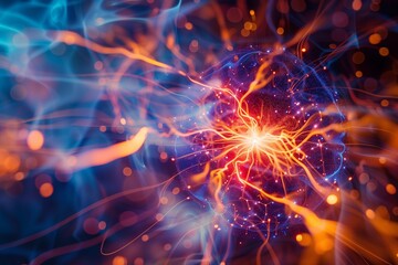 particles fusing together to create fusion power in a high energy collision with vibrant colors and dynamic motion
