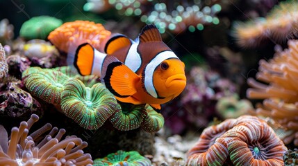 Colorful clownfish swimming among vibrant corals in saltwater aquarium environment