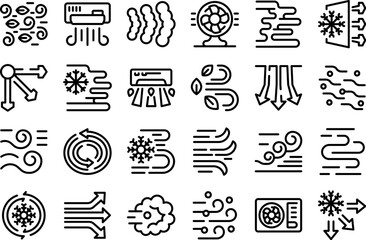 Cold air flow icons set outline vector. Wind effect fresh. Wave breeze speed
