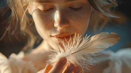 A close-up of a young woman's hands, gently holding a delicate feather, the tactile connection and grace portrayed with clarity - obrazy, fototapety, plakaty