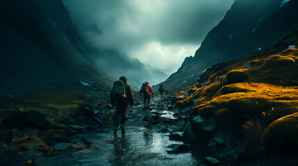 a group of explores hiking on a mountain path in a cloudy day  - obrazy, fototapety, plakaty