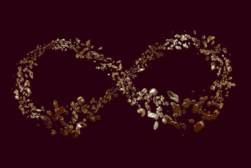 Infinity sign made of shiny 3d pieces, brown background