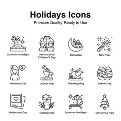 Pack of holidays and festival icons set, ready to use vectors