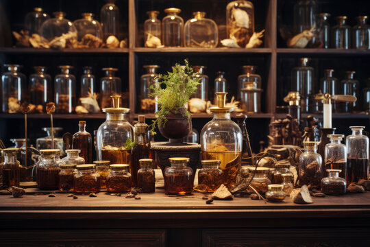 old perfume laboratory apothecary with flask ingredients wood resin herbs, Generative AI