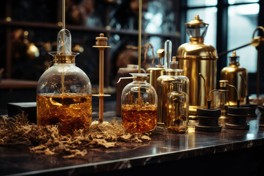 old perfume laboratory apothecary with flask ingredients wood resin herbs, Generative AI