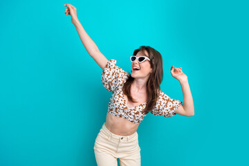 Photo of energetic lady in top blouse dancing wear stylish sunglasses clubbing summer beach party...