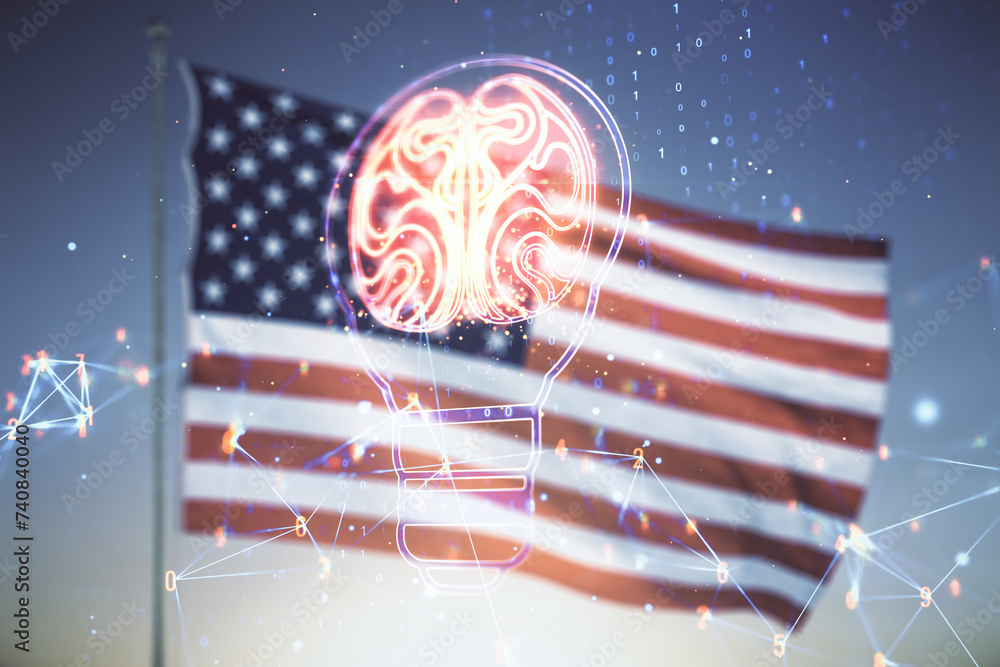 Poster abstract virtual idea concept with light bulb and human brain illustration on us flag and blue sky b