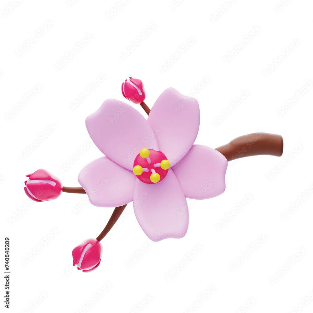 Poster 3d cherry cute blossom with three buds. 3d illustration, 3d element, 3d rendering. 3d visualization 