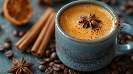 cup of coffee with cinnamon and anise, a cup of coffee sits on a table surrounded by coffee beans, cinnamon sticks, and a star anise.