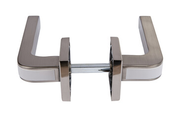 Fototapeta premium Door handle made of metal on an isolated white background. Reliable design handle for the door of houses, apartments, warehouses, offices and other premises.
