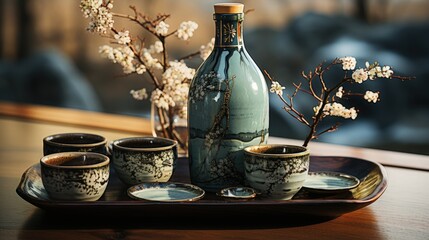 A traditional Japanese sake set with cups and bottle
