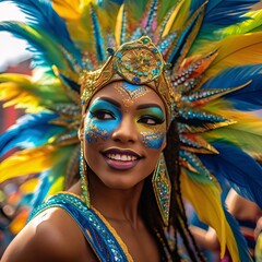 Woman with colorfully painted face carnival costume and mask and long colorful feathers in her hair. Carnival outfits, masks and decorations.
