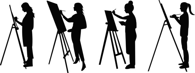 set of silhouette of a woman painting at an easel on a white background vector