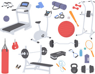 set for sports, exercise equipment, dumbbells, boxing bag on a white background vector