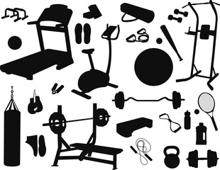set of silhouette for sports, exercise equipment, dumbbells, boxing bag and gloves on a white background vector