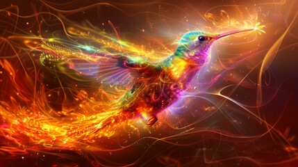 Fototapeta premium Magic glowing glittering multi-colored hummingbird made of energy in flight