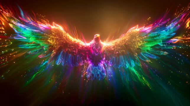Magical fairy-tale rainbow shining phoenix bird in flight