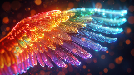 Multi-colored shining wing on an angel or phoenix bird - obrazy, fototapety, plakaty
