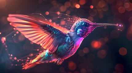 Fototapeta premium Magic glowing glittering multi-colored hummingbird in flight