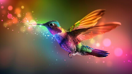 Fototapeta premium Magic glowing glittering multi-colored hummingbird in flight