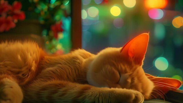 cat relaxing at home in night. 4k video animation