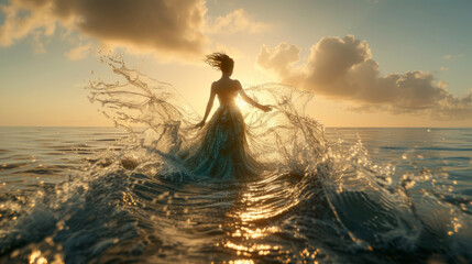 Naklejka premium Goddess of fairy in magical dress walks on water, magical sea scene