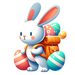 A cartoon rabbit is holding a backpack and two eggs. The rabbit is wearing an orange backpack and has a white face. The scene is cheerful and playful