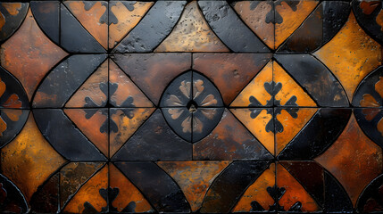 Close Up of a Tile Wall With Orange and Black Designs
