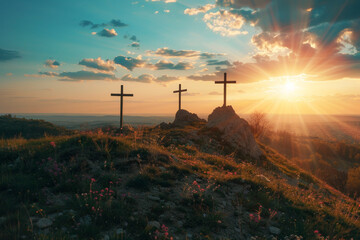 Three crosses stand on a hill with a stunning sunset in the background, symbolizing faith, hope, and spirituality. - obrazy, fototapety, plakaty
