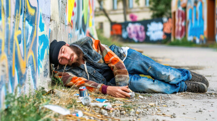 Homeless man having alcohol or drug overdose in the street