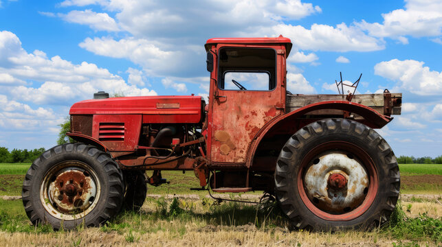 An old, red tractor stands in a field under a vast blue sky with clouds, symbolizing traditional farming and rural nostalgia. - Powered by Adobe