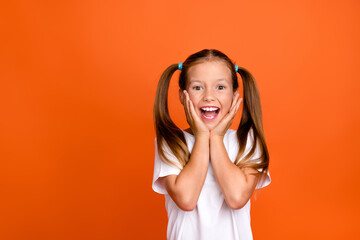 Photo portrait of cute little lady cute excited touch cheeks admire dressed stylish striped garment isolated on orange color background
