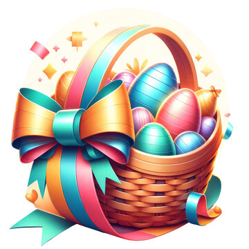 Easter Basket with Colorful Eggs and Ribbon
,3D rendering png , isolated on a transparent background