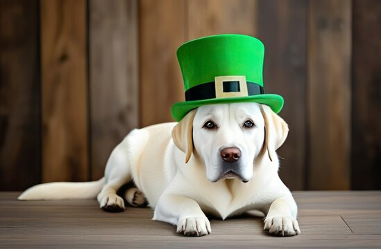 A Gold Retriever dog in St. Patrick's Day hat sits on a wood background
