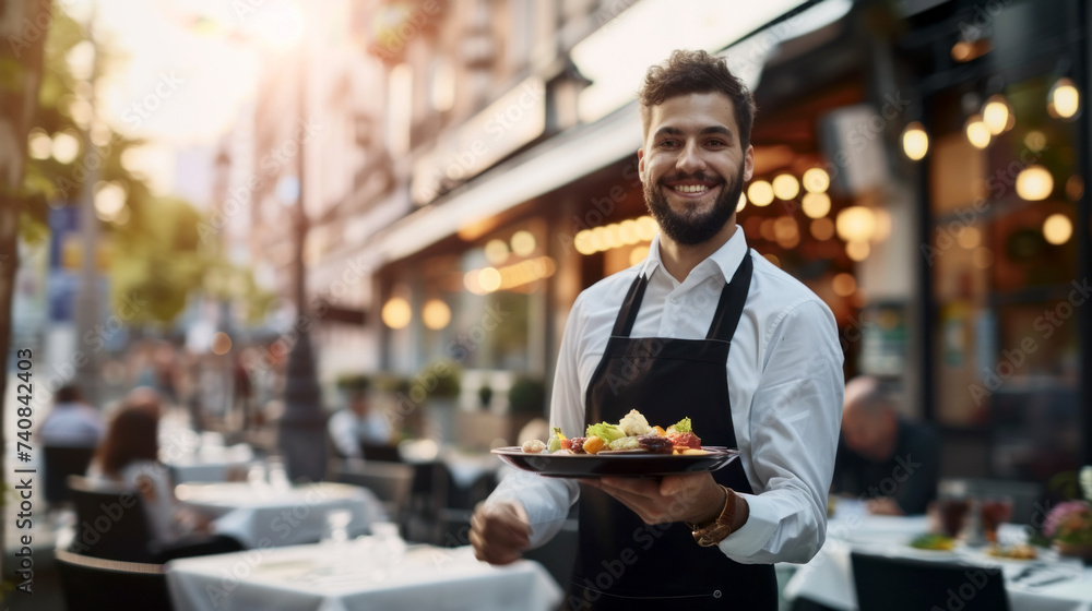 Wall mural happy restaurant waiter is serving dishes on summer restaurant patio