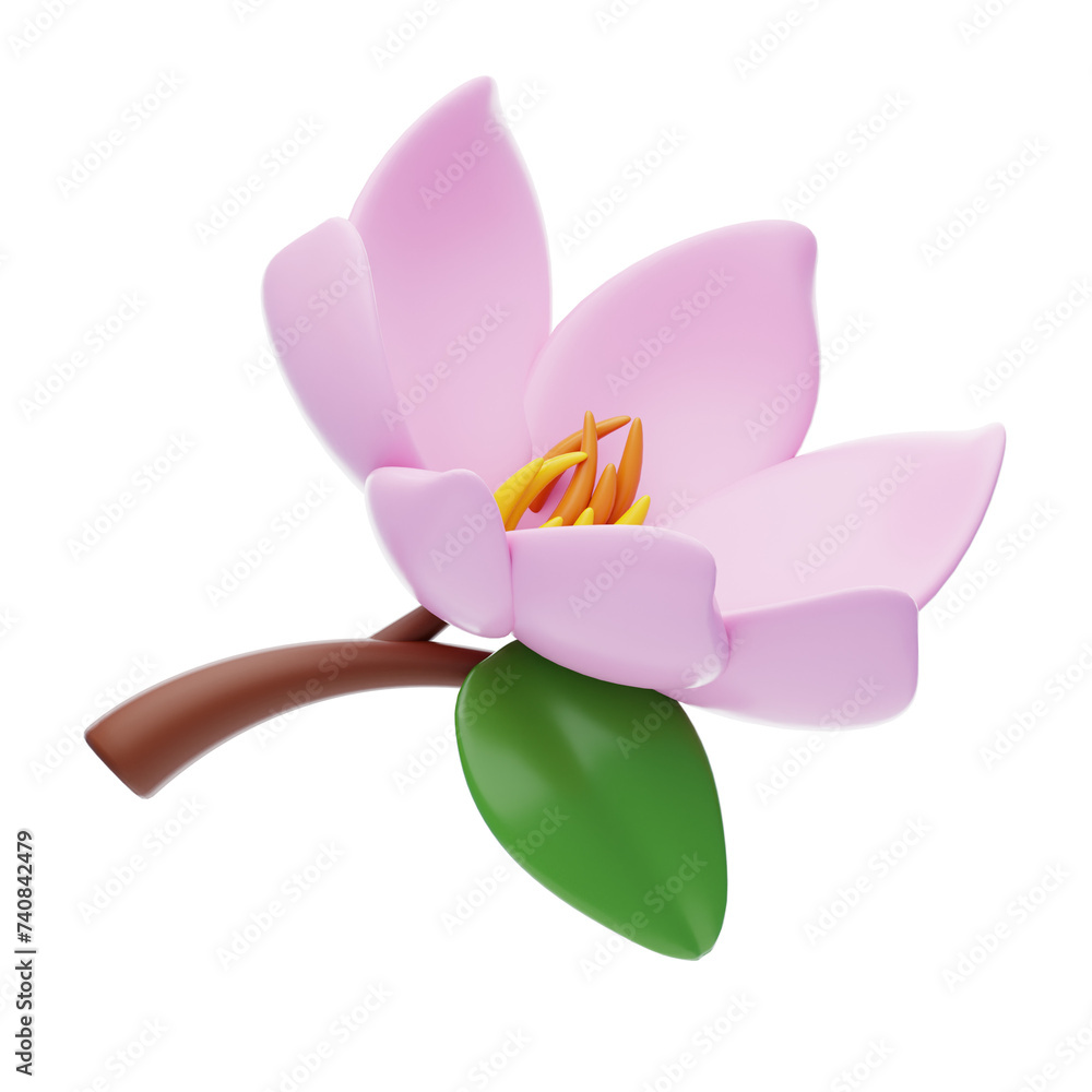 Aufkleber 3d magnolia cute with stem and one leaf. 3d illustration, 3d element, 3d rendering. 3d visualization
