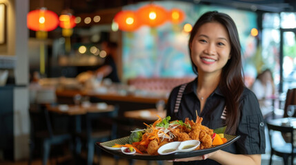 Friendly smiling female waiter with a dish in restaurant setting