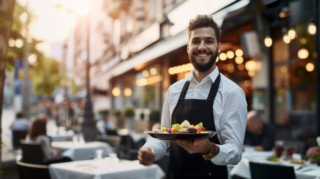 Happy restaurant waiter is serving dishes on summer restaurant patio