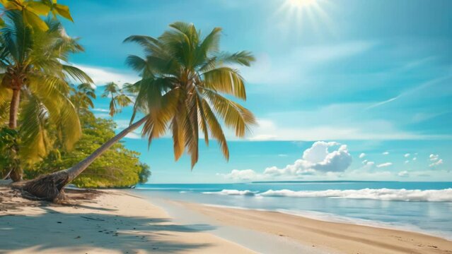 Sunny tropical beach scene with lush palm trees, clear blue sky, and calm ocean waters, perfect for a serene getaway.
